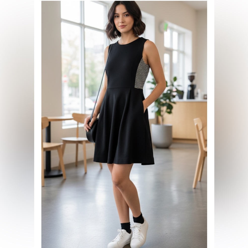 Madewell Black Sleeveless Fit & Flare Mini Dress with Striped Side Panels Size 0 - Picture 1 of 11